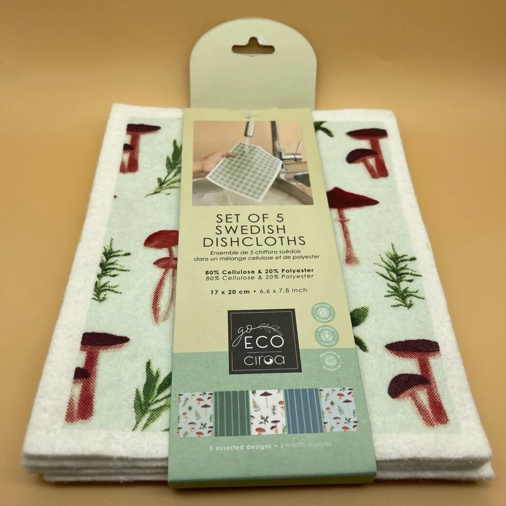 Eco CIROA Swedish Dish Cloths Set of 5 - Multi  Mushrooms, NWT
